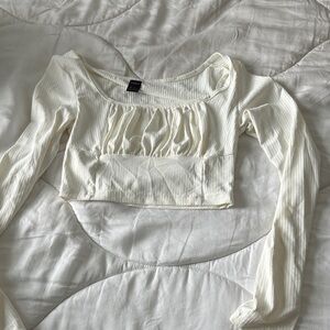SHEIN Cream Ribbed Long Sleeve cropped Blouse